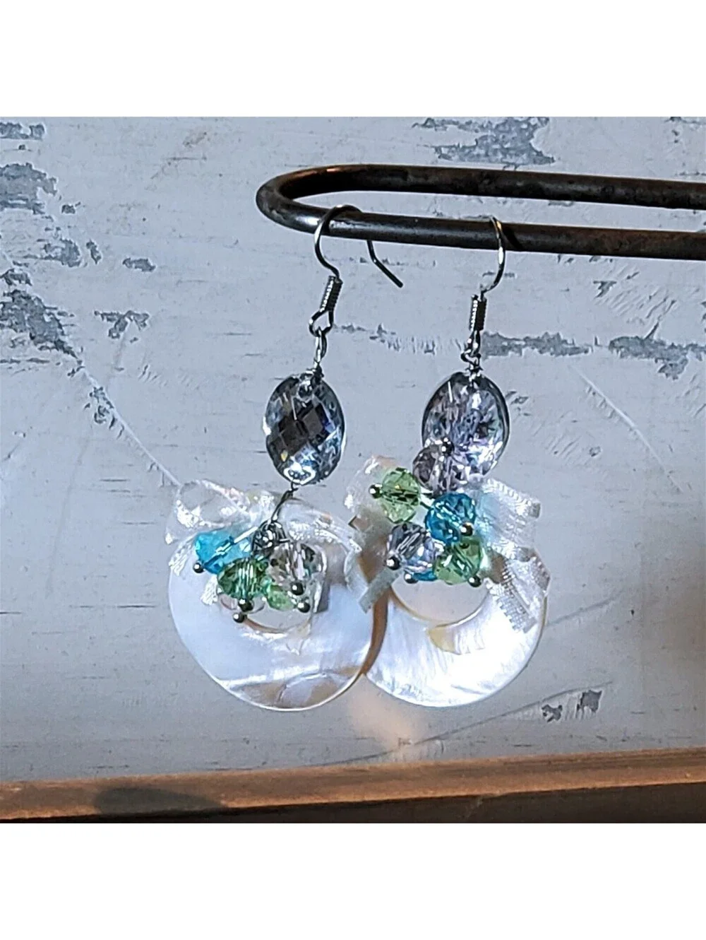 Handcrafted Retro Pearl Shell Czech Crystal White Satin Bows Dangle Earrings